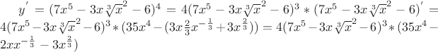 $y^{'} = (7x^5 - 3x \sqrt[3] x^{2}-6)^4 = 4(7x^5 - 3x \sqrt[3] x^{2}-6)^{3}*(7x^5 - 3x \sqrt[3] x^{2}-6)^{'}=4(7x^5 - 3x \sqrt[3] x^{2}-6)^{3}*(35x^{4} - (3x \frac{2}{3}x^{-\frac{1}{3}}+3x^{\frac{2}{3}}))=4(7x^5 - 3x \sqrt[3] x^{2}-6)^{3}*(35x^{4} - 2x x^{-\frac{1}{3}}-3x^{\frac{2}{3}})$
