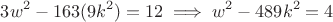 $$3w^2 - 163(9k^2) = 12 \implies w^2 - 489k^2 = 4$$