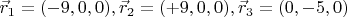 $\vec{r}_1=(-9,0,0), \vec{r}_2=(+9,0,0), \vec{r}_3=(0,-5,0)$