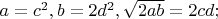 $a=c^2, b=2d^2, \sqrt{2ab}=2cd;$