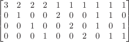 $
\begin{bmatrix} 
    3 & 2 & 2 & 2 & 1 & 1 & 1 & 1 & 1 & 1 \\ 0 & 1 & 0 & 0 & 2 & 0 & 0 & 1 & 1 & 0 \\ 0 & 0 & 1 & 0 & 0 & 2 & 0 & 1 & 0 & 1\\ 0 & 0 & 0 & 1 & 0 & 0 & 2 & 0 & 1 & 1 
\end{bmatrix}
$
