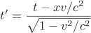 $$t'=\frac{t-xv/c^2}{\sqrt{1-v^2/c^2}}$$