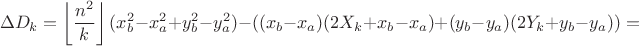 $$\Delta D_k=\left\lfloor\frac{n^2}k\right\rfloor(x_b^2-x_a^2+y_b^2-y_a^2)-((x_b-x_a)(2X_k+x_b-x_a)+(y_b-y_a)(2Y_k+y_b-y_a))=$$