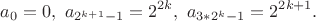 $$a_0=0, \ a_{2^{k+1}-1}=2^{2k}, \ a_{3*2^k-1}=2^{2k+1}.$$