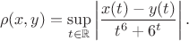 $$
\rho(x,y)=\sup\limits_{t\in\mathbb{R}} \left|\dfrac{x(t)-y(t)}{t^6+6^t}\right|.
$$