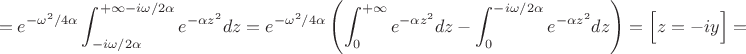 $$=e^{-\omega^2/4\alpha}\int_{-i\omega/2\alpha}^{+\infty-i\omega/2\alpha}e^{-\alpha z^2}dz=e^{-\omega^2/4\alpha}\left(\int_0^{+\infty}e^{-\alpha z^2}dz-\int_0^{-i\omega/2\alpha}e^{-\alpha z^2}dz\right)=\Big[z=-iy\Big]=$$
