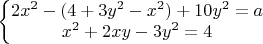 $\left\{\begin{matrix}
2x^2-(4+3y^2-x^2)+10y^2=a\\ 
x^2+2xy-3y^2=4
\end{matrix}\right.$