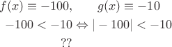 $$\begin{align*}f(x) \equiv -100, & \qquad  g(x) \equiv -10 \\
  - 100 < -10  & \Leftrightarrow |-100| < -10 \\
 ??\end{align*}$$