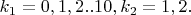 $k_1 = 0,1,2..10,  k_2 = 1, 2.$