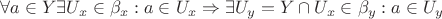 $ \forall a \in Y \exists U_x \in \beta_x : a \in U_x \Rightarrow \exists U_y = Y \cap U_x \in \beta_y : a \in U_y $ $ \forall a \in Y \exists U_x \in \beta_x : a \in U_x \Rightarrow \exists U_y = Y \cap U_x \in \beta_y : a \in U_y $