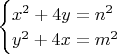 $\begin{cases}
x^2+4y=n^2 \\
y^2+4x=m^2 
\end{cases}$