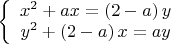 $\left\{\begin{array}{cc} x^{2}+ax=\left( 2-a \right)y & \;  \\ y^{2}+\left( 2-a \right)x=ay & \;  \end{array}\right $