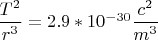 $\dfrac {T^2}{r^3}=2.9*10^{-30} \dfrac {c^2}{m^3}$