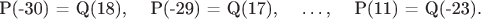 P(-30) = Q(18), \quad P(-29) = Q(17), \quad \dots, \quad P(11) = Q(-23).