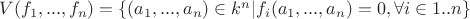 $V(f_1, ..., f_n) = \left\lbrace (a_1, ..., a_n) \in k^n | f_i (a_1, ..., a_n) = 0,  \forall i \in 1..n \right\rbrace$