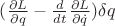 $\[(\frac{{\partial L}}{{\partial q}} - \frac{d}{{dt}}\frac{{\partial L}}{{\partial \dot q}})\delta q\]
$