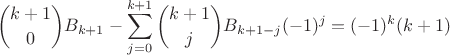 $$\binom{k+1}{0}B_{k+1}-\sum_{j=0}^{k+1} \binom{k+1}{j}B_{k+1-j}(-1)^j=(-1)^{k}(k+1)$$