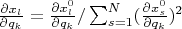 $\frac{\partial x_l}{\partial q_k}=\frac{\partial x_l^0}{\partial q_k}/\sum_{s=1}^N(\frac{\partial x_s^0}{\partial q_k})^2$