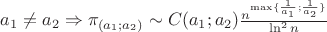 $a_1 \neq a_2 \Rightarrow \pi _{(a_1;a_2)} \sim C(a_1;a_2) \frac{n^{\max \{\frac{1}{a_1};\frac{1}{a_2} \}} }{\ln ^2 n}$