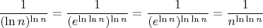 $$\frac{1}{(\ln n)^{\ln n}}=\frac{1}{(e^{\ln{\ln n}})^{\ln{n}}}}=\frac{1}{(e^{\ln{n}})^{\ln{\ln n}}}}=\frac{1}{n^{\ln\ln{n}}}$$
