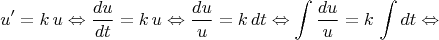 $$u' = k\,u \Leftrightarrow \frac{{du}}{{dt}} = k\,u \Leftrightarrow \frac{{du}}{u} = k\,dt \Leftrightarrow \int {\frac{{du}}{u}}  = k\,\int {dt}  \Leftrightarrow $$