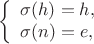 $$\left\{\begin{array}{l}\sigma(h)=h,\\\sigma(n)=e,\end{array}\right.$$