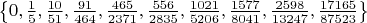 $\left\{0,\frac{1}{5},\frac{10}{51},\frac{91}{464},\frac{465}{2371},\frac{556}{2835},\frac{1021}{5206},\frac{1577}{8041},\frac{2598}{13247},\frac{17165}{87523}\right\}$
