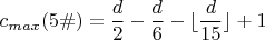$c_{max}(5\#)= \dfrac{d}{2} - \dfrac{d}{6} - \lfloor\dfrac{d}{15}\rfloor + 1$