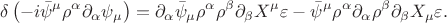 $$
\delta \left( -i \bar \psi^\mu \rho^\alpha \partial_\alpha \psi_\mu \right)
=
 \partial_\alpha \bar \psi_\mu \rho^\alpha \rho^\beta \partial_\beta X^\mu \varepsilon
 - \bar \psi^\mu \rho^\alpha \partial_\alpha \rho^\beta \partial_\beta X_\mu \varepsilon.
$$