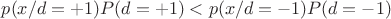 $p(x/d=+1)P(d=+1)<p(x/d=-1)P(d=-1)$