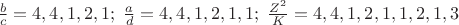 $\frac{b}{c}=4,4,1,2,1;\ \frac{a}{d}=4,4,1,2,1,1;\ \frac{Z^2}{K}=4,4,1,2,1,1,2,1,3$