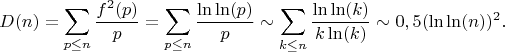 $$D(n)=\sum_{p \leq n} \frac {f^2(p)}{p}=\sum_{p \leq n}\frac {\ln\ln(p)}{p} \sim \sum_{k \leq n} \frac {\ln\ln(k)}{k\ln(k)}  \sim 0,5(\ln\ln(n))^2.$$