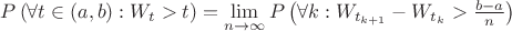 $P\left(\forall t\in\left(a,b\right): W_t>t\right)=\lim\limits_{n\to\infty}P\left(\forall k: W_{t_{k+1}}-W_{t_k}>\frac{b-a}{n}\right)$