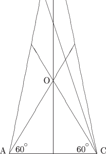 $\begin{picture}(100,50)
\put(0,0){A \line(1,0){100}}  
\put(115,0){C}
\put(50,80){O}

\put(18,2){60}
\put(30,10){\circle{3}}
\put(88,2){60}
\put(100,10){\circle{3}}

\put(65,250){B}
\put(11,0){\line(1,5){50}}
\put(111,0){\line(-1,5){50}}
\put(61,0){\line(0,1){250}}
\put(11,0){\line(3,5){75}} 
\put(111,0){\line(-3,5){75}}  
\put(111,0){\line(-1,3){62}} 
\put(35,190){K}



\end{picture}$