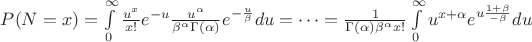 $P(N=x)=\int\limits_0^\infty\frac{u^x}{x!}e^{-u}\frac{u^\alpha}{\beta^\alpha\Gamma(\alpha)} e^{-\frac{u}{\beta}}du=\dots=\frac{1}{\Gamma(\alpha)\beta^\alpha x!}\int\limits_0^\infty u^{x+\alpha}e^{u\frac{1+\beta}{-\beta}}du$