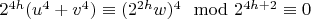 $2^{4h}(u^4+v^4)\equiv (2^{2h}w)^4 \mod 2^{4h+2} \equiv 0$