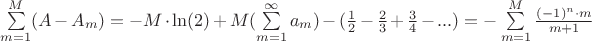 $\sum\limits_{m=1}^{M}(A - A_m) = -M \cdot \ln(2) + M(\sum\limits_{m=1}^{\infty}a_m) - (\frac{1}{2} 
- \frac{2}{3} + \frac{3}{4} - ...) = -\sum\limits_{m=1}^{M}\frac{(-1)^n \cdot m}{m+1}$