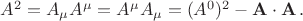 $A^2=A_{\mu}A^{\mu}=A^{\mu}A_{\mu}=(A^0)^2-\mathbf{A \cdot A} \, .$