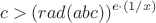 $$c>(rad(abc))^{e \cdot(1/x)}$$