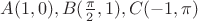 $ A(1,0), B(\frac{\pi}{2},1), C(-1, \pi) $