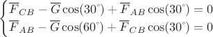 $$\begin{cases}
 {\overline {F}_{CB}- \overline G\cos(30 \mathring \;) + \overline F_{AB}\cos(30 \mathring \;)=0}\\
 {\overline F_{AB}- \overline G\cos(60 \mathring \;)+\overline{F}_{CB} \cos(30 \mathring \;)=0}
\end{cases}
$$
