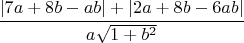 $\cfrac{|7a+8b-ab|+|2a+8b-6ab|}{a\sqrt{1+b^2}}$