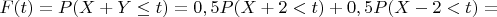 $F(t)=P(X+Y\le t)=0,5P(X+2<t)+0,5P(X-2<t)=$