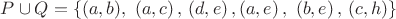 $\[
P \cup Q = \left\{ {(a,b),\,\,\left( {a,c} \right),\,\left( {d,e} \right),\left( {a,e} \right),\,\,\left( {b,e} \right),\,\left( {c,h} \right)} \right\}
\]$