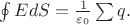 $\oint EdS=\frac{1}{\varepsilon_0}\sum q.$