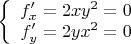 $\left\{
\begin{array}{rcl}
 f'_x=2xy^2=0\\
 f'_y=2yx^2=0 \\
\end{array}
\right.$