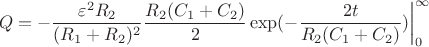 $$Q= -\frac{\varepsilon^2 R_2}{(R_1+R_2)^2} \frac{R_2(C_1+C_2)}{2} \exp(-\frac{2t}{R_2(C_1+C_2)})  \bigg|_0^\infty$$