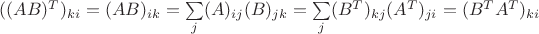 $((AB)^T)_{ki}=(AB)_{ik}=\sum\limits_j (A)_{ij}(B)_{jk}=\sum\limits_j (B^T)_{kj}(A^T)_{ji}=(B^T A^T)_{ki}$