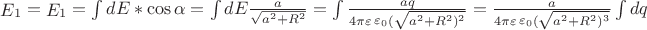 $% MathType!MTEF!2!1!+-
% feaagCart1ev2aaatCvAUfeBSjuyZL2yd9gzLbvyNv2CaerbuLwBLn
% hiov2DGi1BTfMBaeXatLxBI9gBaerbd9wDYLwzYbItLDharqqtubsr
% 4rNCHbGeaGqiVu0Je9sqqrpepC0xbbL8F4rqqrFfpeea0xe9Lq-Jc9
% vqaqpepm0xbba9pwe9Q8fs0-yqaqpepae9pg0FirpepeKkFr0xfr-x
% fr-xb9adbaqaaeGaciGaaiaabeqaamaabaabaaGcbaWaaubeaeqale
% aacaaIXaaabeqdbaGaamyraaaakiabg2da9maavababeWcbaGaaGym
% aaqab0qaaiaadweaaaGccqGH9aqpdaWdbaqaaiaadsgacaWGfbGaai
% OkaiGacogacaGGVbGaai4Caiabeg7aHjabg2da9maapeaabaGaamiz
% aiaadweadaWcaaqaaiaadggaaeaadaGcaaqaaiaadggadaahaaWcbe
% qaaiaaikdaaaGccqGHRaWkcaWGsbWaaWbaaSqabeaacaaIYaaaaaqa
% baaaaaqabeqaniabgUIiYdaaleqabeqdcqGHRiI8aOGaeyypa0Zaa8
% qaaeaadaWcaaqaaiaadggacaWGXbaabaGaaGinaiabec8aWjabew7a
% LnaavababeWcbaGaaGimaaqab0qaaiabew7aLbaakiaacIcadaGcaa
% qaaiaadggadaahaaWcbeqaaiaaikdaaaGccqGHRaWkcaWGsbWaaWba
% aSqabeaacaaIYaaaaOGaaiykamaaCaaaleqabaGaaGOmaaaaaeqaaa
% aaaeqabeqdcqGHRiI8aOGaeyypa0ZaaSaaaeaacaWGHbaabaGaaGin
% aiabec8aWjabew7aLnaavababeWcbaGaaGimaaqab0qaaiabew7aLb
% aakiaacIcadaGcaaqaaiaadggadaahaaWcbeqaaiaaikdaaaGccqGH
% RaWkcaWGsbWaaWbaaSqabeaacaaIYaaaaOGaaiykamaaCaaaleqaba
% GaaG4maaaaaeqaaaaakmaapeaabaGaamizaiaadghaaSqabeqaniab
% gUIiYdaaaa!74CD!
\[\mathop E\nolimits_1  = \mathop E\nolimits_1  = \int {dE*\cos \alpha  = \int {dE\frac{a}{{\sqrt {{a^2} + {R^2}} }}} }  = \int {\frac{{aq}}{{4\pi \varepsilon \mathop \varepsilon \nolimits_0 (\sqrt {{a^2} + {R^2}{)^2}} }}}  = \frac{a}{{4\pi \varepsilon \mathop \varepsilon \nolimits_0 (\sqrt {{a^2} + {R^2}{)^3}} }}\int {dq} \]$
