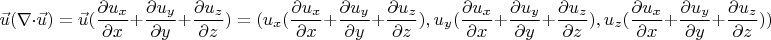$$\vec{u}(\nabla \cdot \vec{u})=\vec{u}(\frac{\partial u_x}{\partial x}+\frac{\partial u_y}{\partial y}+\frac{\partial u_z}{\partial z})=(u_x(\frac{\partial u_x}{\partial x}+\frac{\partial u_y}{\partial y}+\frac{\partial u_z}{\partial z}), u_y(\frac{\partial u_x}{\partial x}+\frac{\partial u_y}{\partial y}+\frac{\partial u_z}{\partial z}),u_z(\frac{\partial u_x}{\partial x}+\frac{\partial u_y}{\partial y}+\frac{\partial u_z}{\partial z}))$$